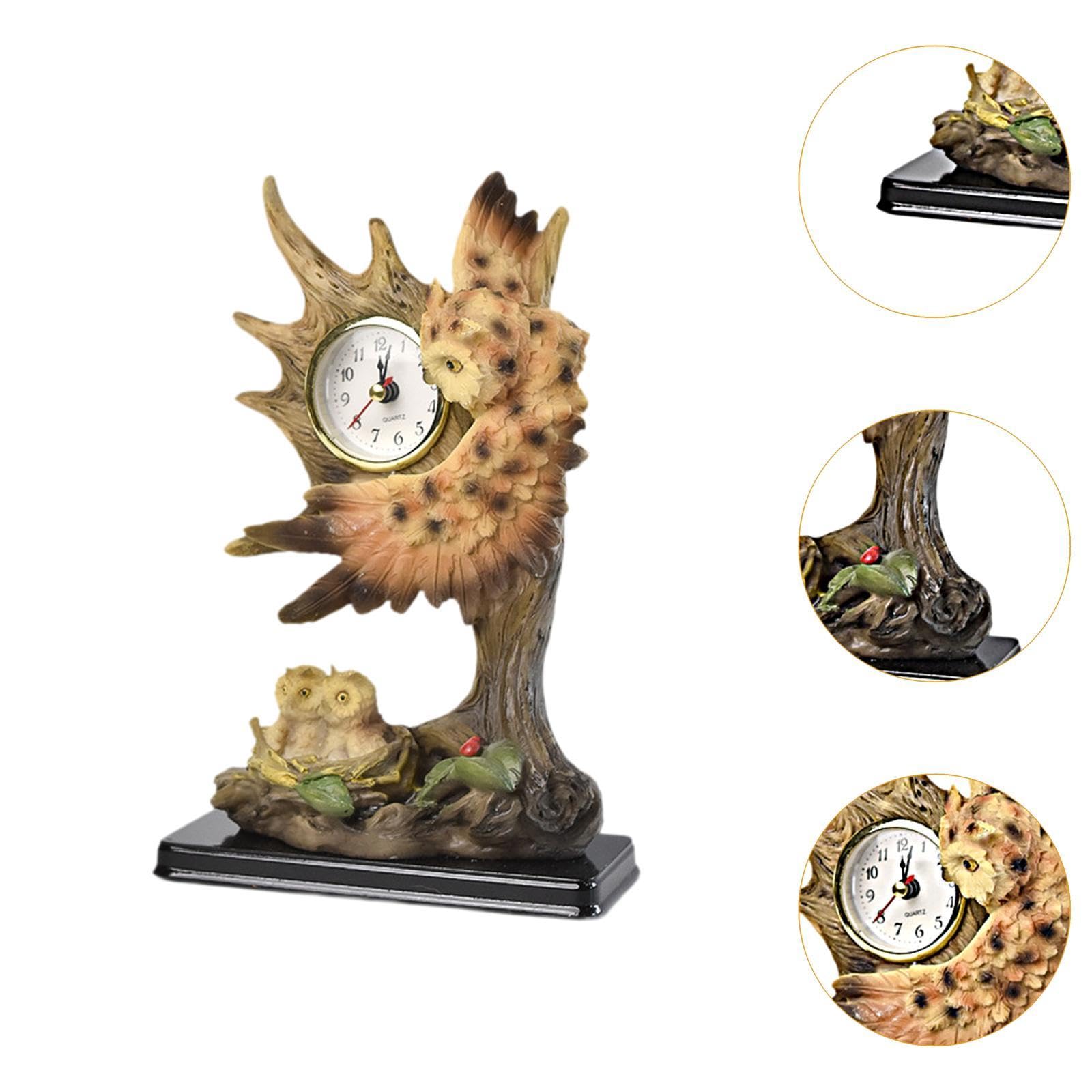 Horloge de Table Rétro Sculptée D'animaux, Objet Décoratif Créatif et Artisanal, Idéale pour Un Appartement Ou Une Salle à Manger, Hiboux