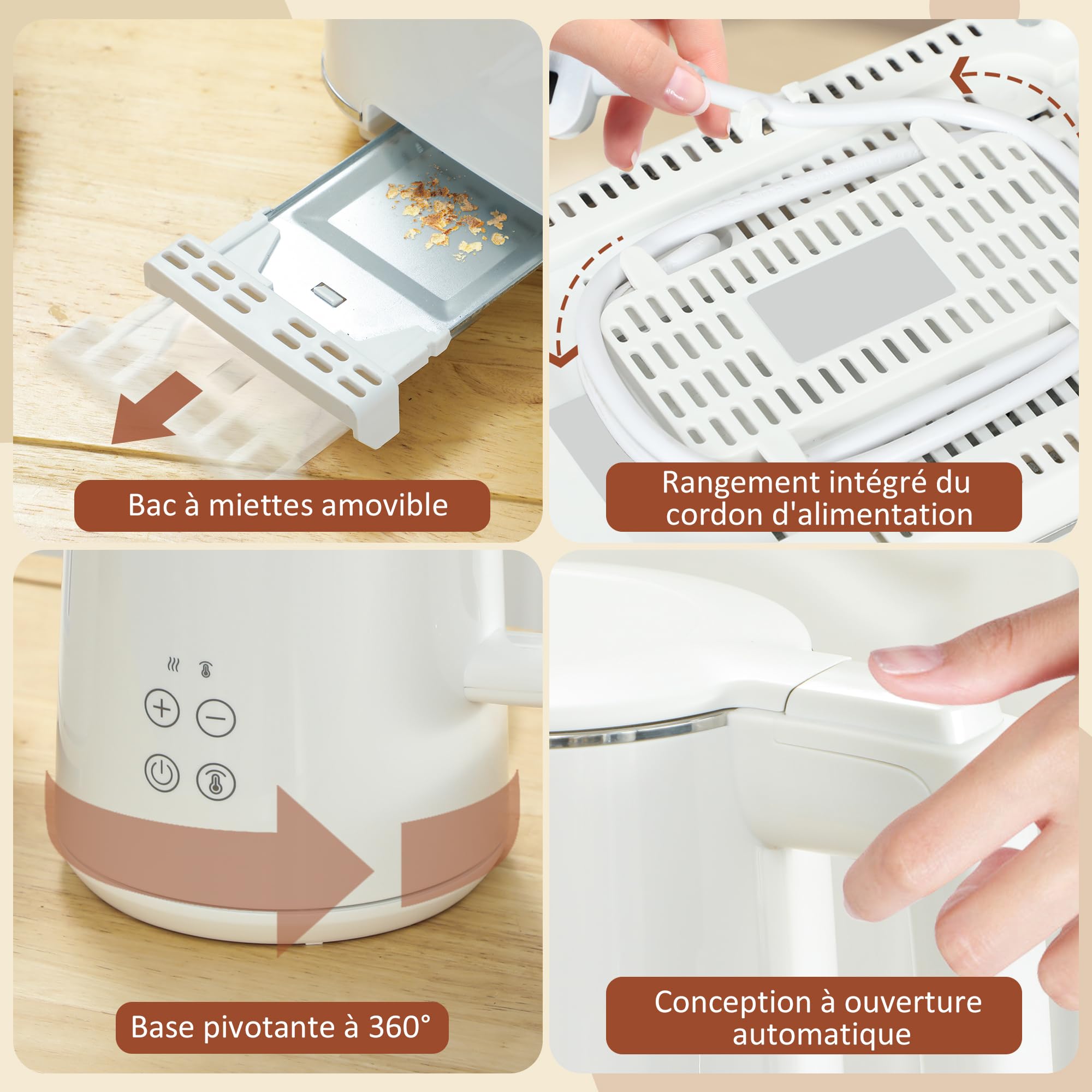 HOMCOM Ensemble bouilloire et grille-pain 2200 W, bouilloire en inox 1,5 L avec isolation et grille-pain 2 tranches, 7 niveaux de brunissage, décongélation, réchauffage et plateau à miettes, crème
