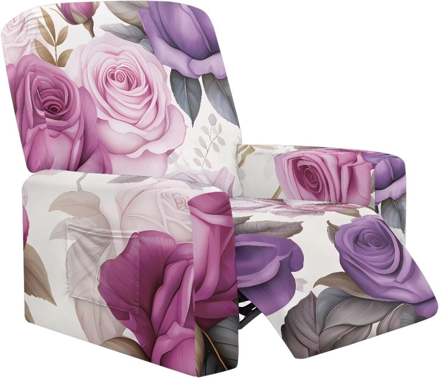 FOR U DESIGNS Roses Purple White Breathable Recliner Chair Slipcovers 4-Pc Set Non Slip for Reclining Sofas with Storage Pockets Kid-Proof Protection Machine Washable