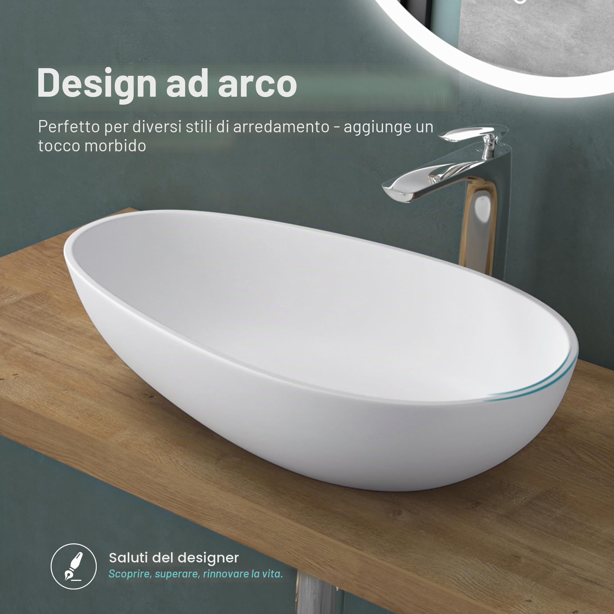 Mai & Mai Lavabo da Appoggio 59.8X36X14cm, Lavandino Bagno Ovale Colossum809 Lavabo da Marmo Fuso, Bianco Opaco
