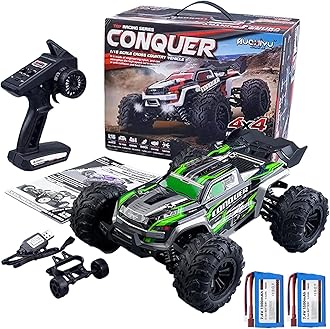 1:16 Scale RC Cars for Adults High-Speed 4WD Offroad Hobby Remote Control Truck 50km/h Fast 2.4GHz All Terrain RC Monster Buggy with 2 Batteries (RTR/Green)