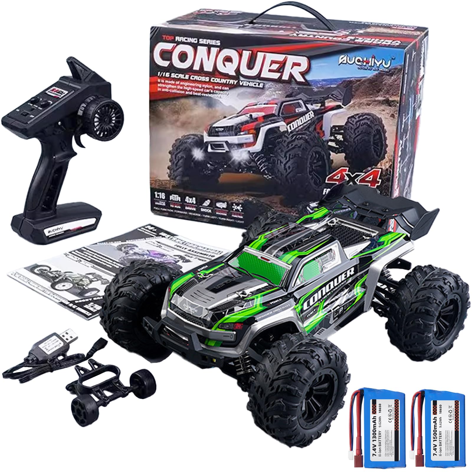 1:16 Scale RC Cars for Adults High-Speed 4WD Offroad Hobby Remote Control Truck 50km/h Fast 2.4GHz All Terrain RC Monster Buggy with 2 Batteries (RTR/Green)