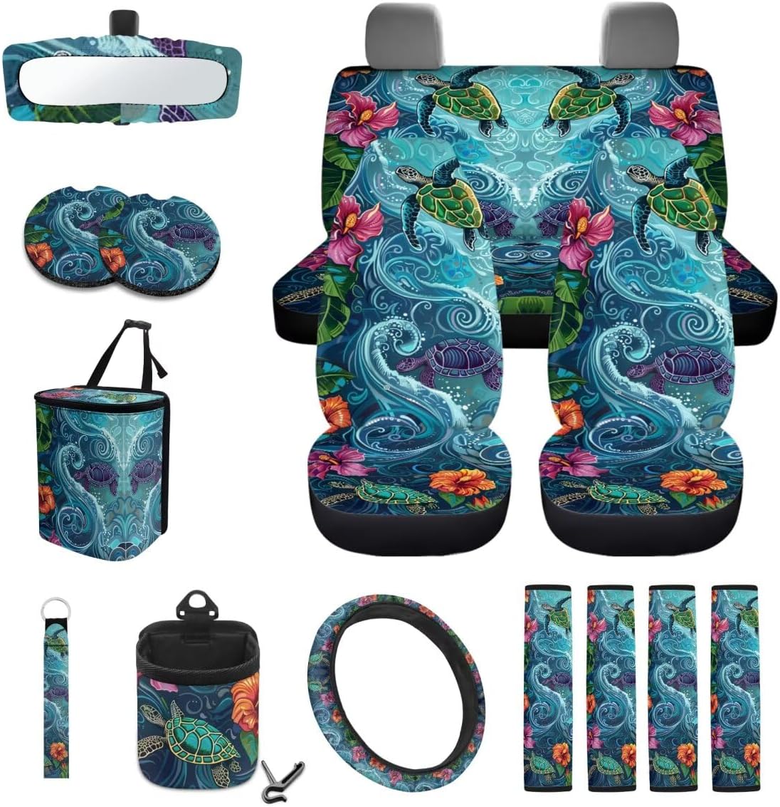 Turtle Hibiscus Wave Print Car Accessories Set of 15 Car Seat Covers Steering Wheel Covers Seatbelt Strap Cover Trash Bag Air Vent Storage Holder Rearview Mirror Cover Keychain Coasters