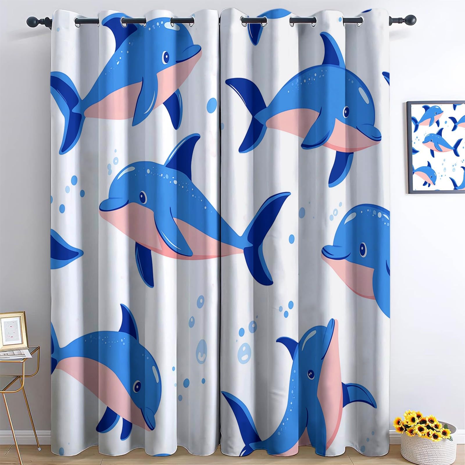 Blackout Curtains - Cartoon Animals Dolphin Thermal Insulated Room Darkening Window Drapes Cream, for Nursery Baby Bedroom Playroom 2 Panels, 46 x 72 Inch