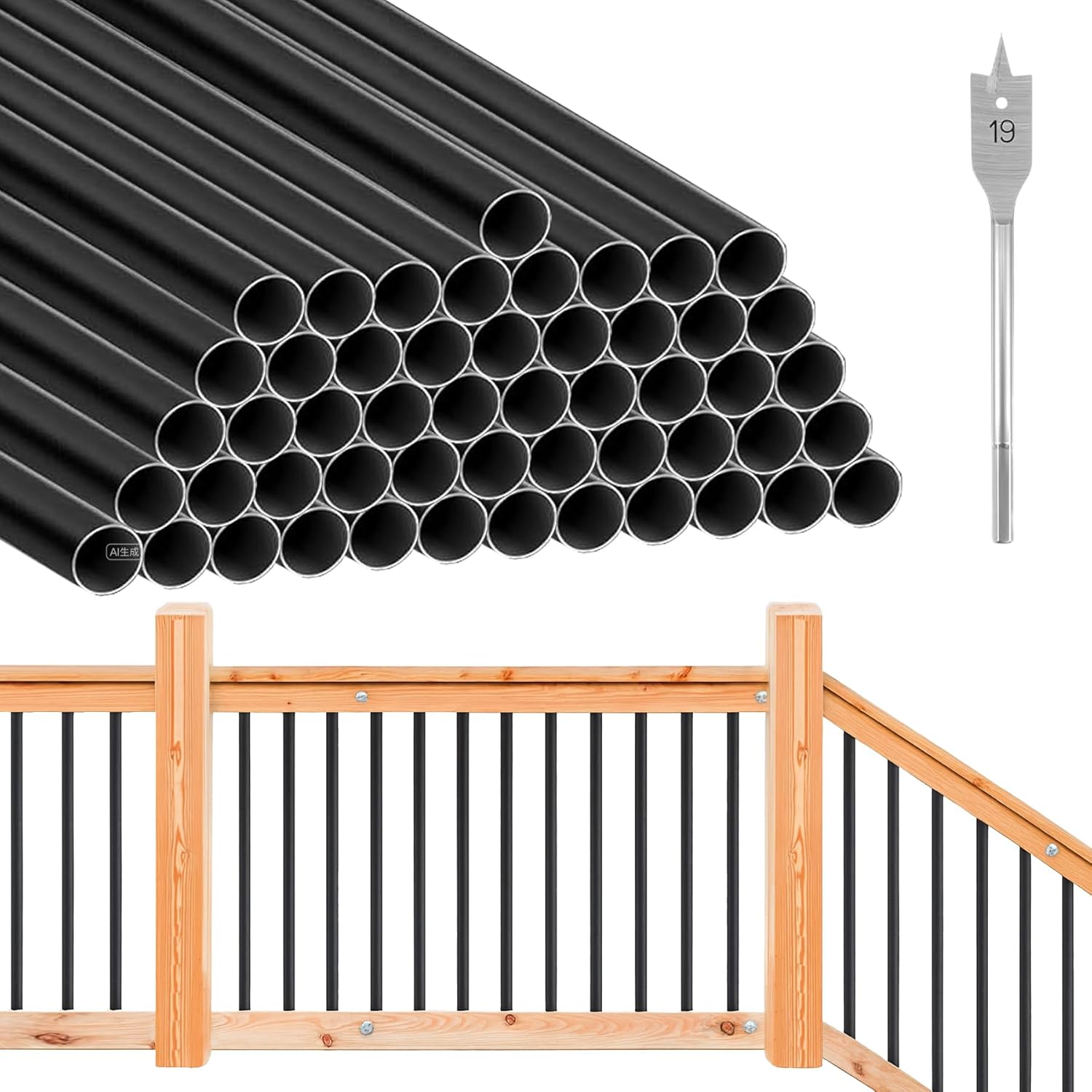 51 Pack 36" Deck Balusters, Hollow Round Aluminum Powder-Coated Weather-Resistant Metal Spindles for Deck, Porch & Stair Railing, Black Staircase Balusters