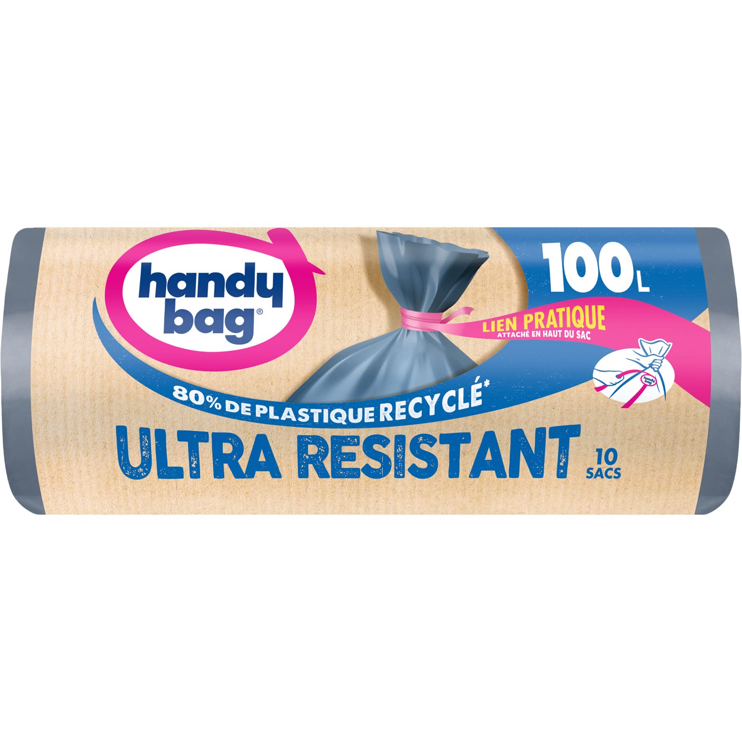 Handy Bag - Handy bin bags with extra strong tie 100L x 10 bags - Leak-proof bottom - Maximum sealing - Convenient link attached at top of bag - 100% recycled plastic