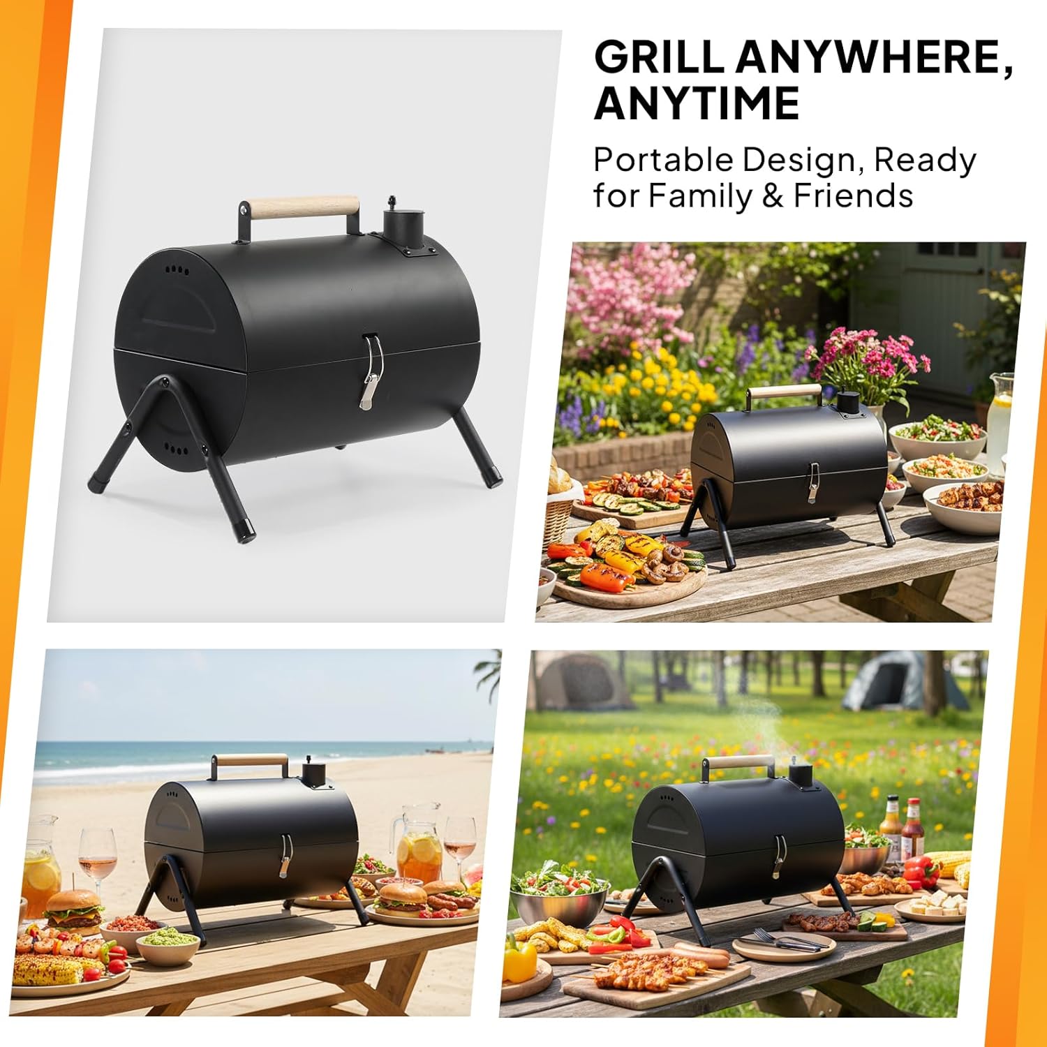 VINGLI Portable Double Sides Charcoal Grill, Thermometer & Wooden Handle,Storage Bag, Multi-functional Metal Compact Tabletop BBQ Outdoor Charcoal Grill for Camping Travel Picnic Patio