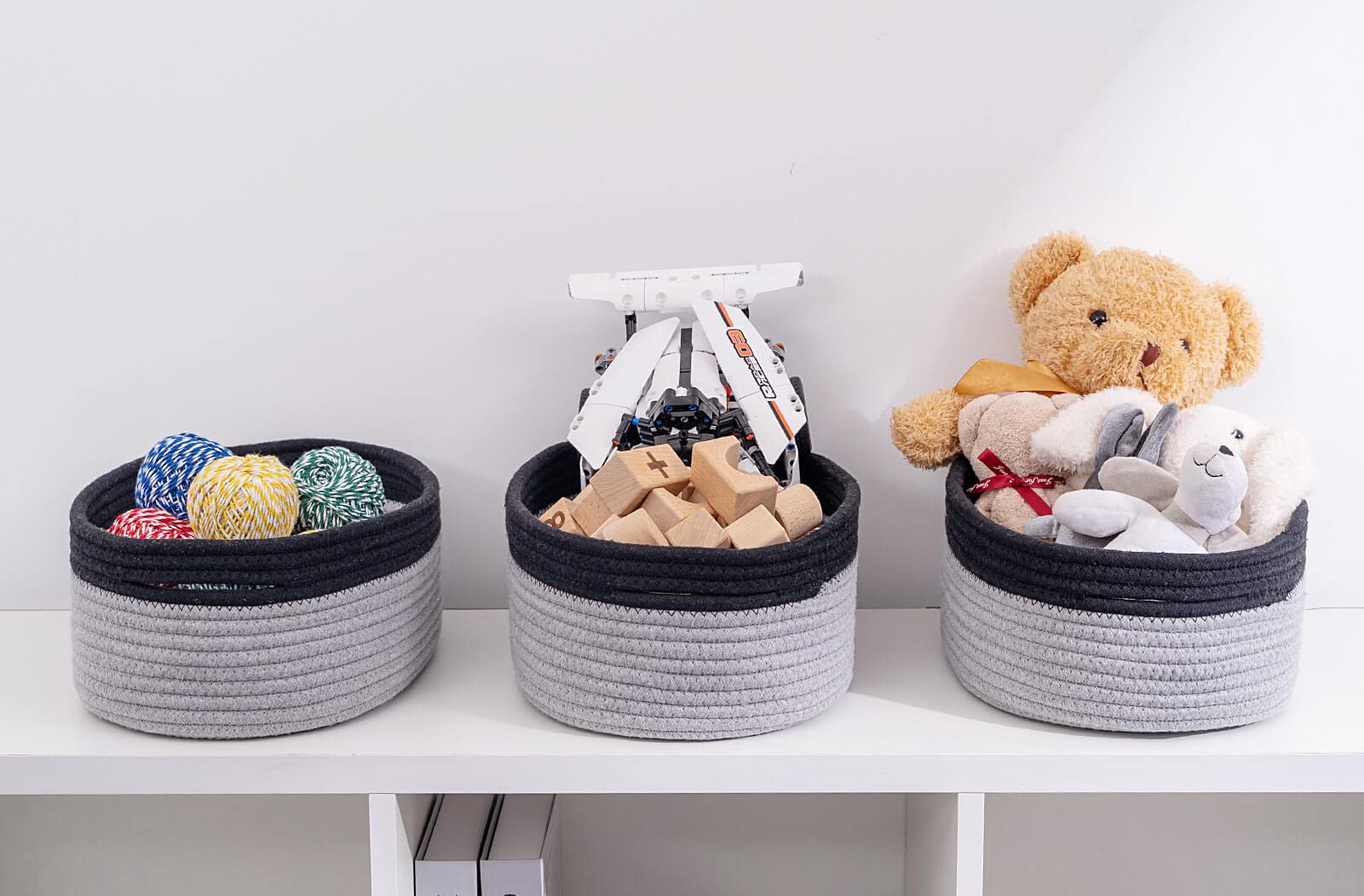Kriitools Baskets for Shelf Storage Cute Basket to Store and Organize Household Items/Woven Rope Basket for Living Room, Bedroom,Playroom/Durable Small Oval-13x8.66x5.11’’,3 Packs Black/grey