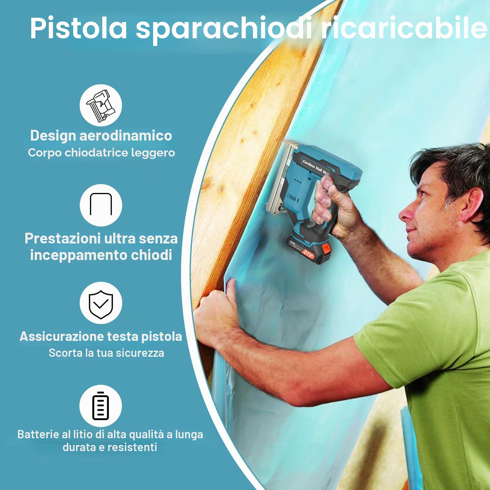 Pistola sparachiodi a Batteria, chiodatrice con 2 batterie da 2000 mAh e 6000 clip, pinzatrice elettrica Come fissabulloni al Minuto, Include 6000 Chiodi, 2 batterie per Legno Duro e tenero