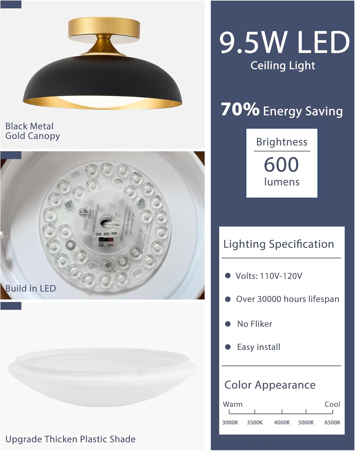 kudos Flush Mount Ceiling Light, 9.5inch LED Ceiling Light Fixture, Black and Gold Finish, 12W 600lm Modern Hanging Light Fixtures for Living Room, Bedroom, Hallway, 5CCT Adjustable, KDCL01-BK-S