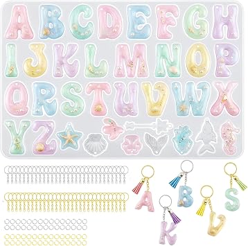 Anlan-angel Alphabet Keychain Molds with Hole, 121Pcs Reversed Alphabet Silicone Molds for Resin Letter Number Epoxy Casting Molds Keychain Making Kit with Key Ring O Ring for Resin Crafts