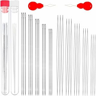 30 Pcs Beading Needles Set Include 15 Pcs Long Straight Beading Thread Needles + 15 Pcs Big Eye Beading Needles, Embroidery Needles with Needle Bottle, Thimble, Needle Threaders for Jewelry Making
