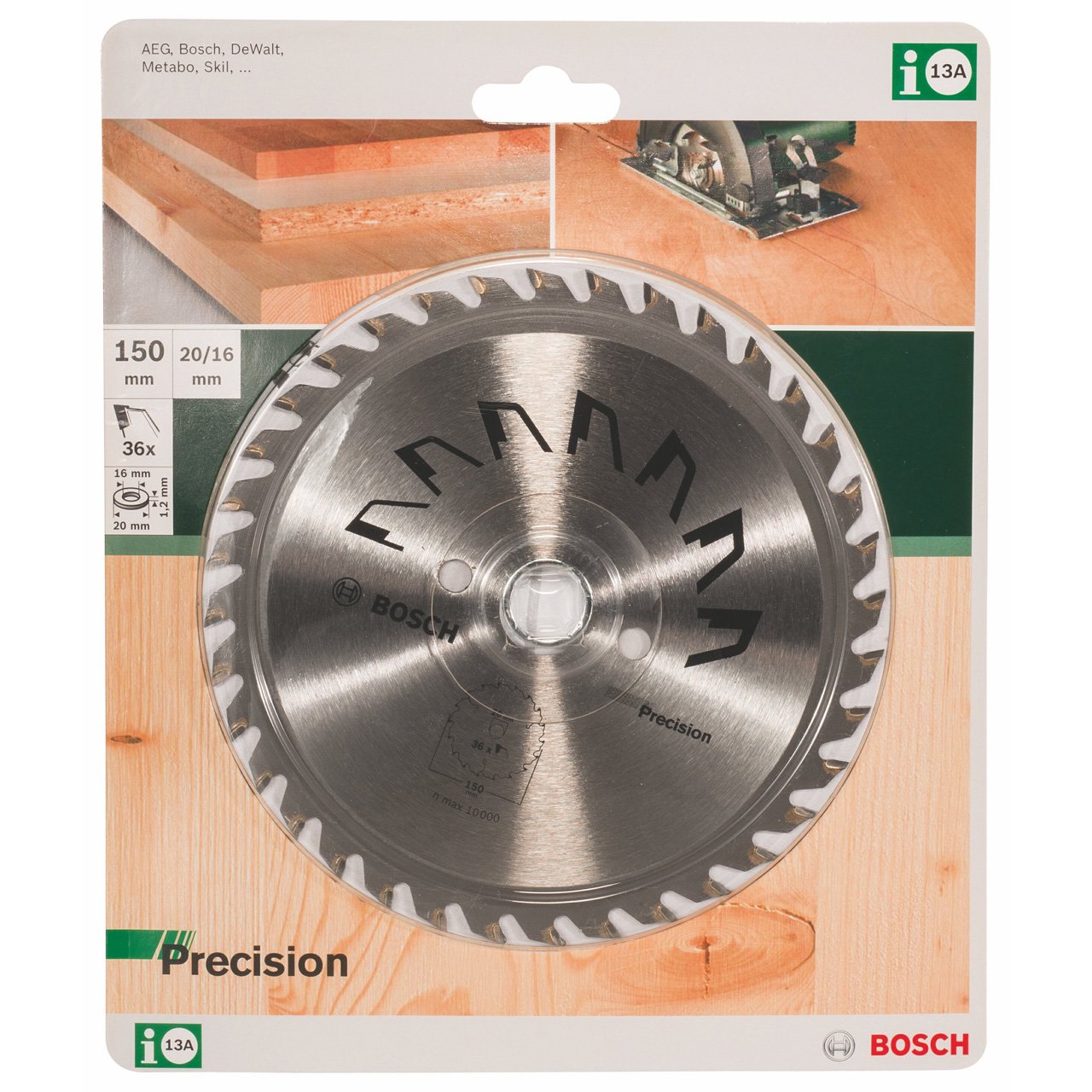 Bosch 1x Tarcza pilarska Precison (do Drewna, Ø 150 x 2.5/1.5 x 20/16 mm, 36 Zęby węglikowe, ATB, w tym 1x Pierścień redukcyjny 16 mm, Osprzęt pił tarczowych)