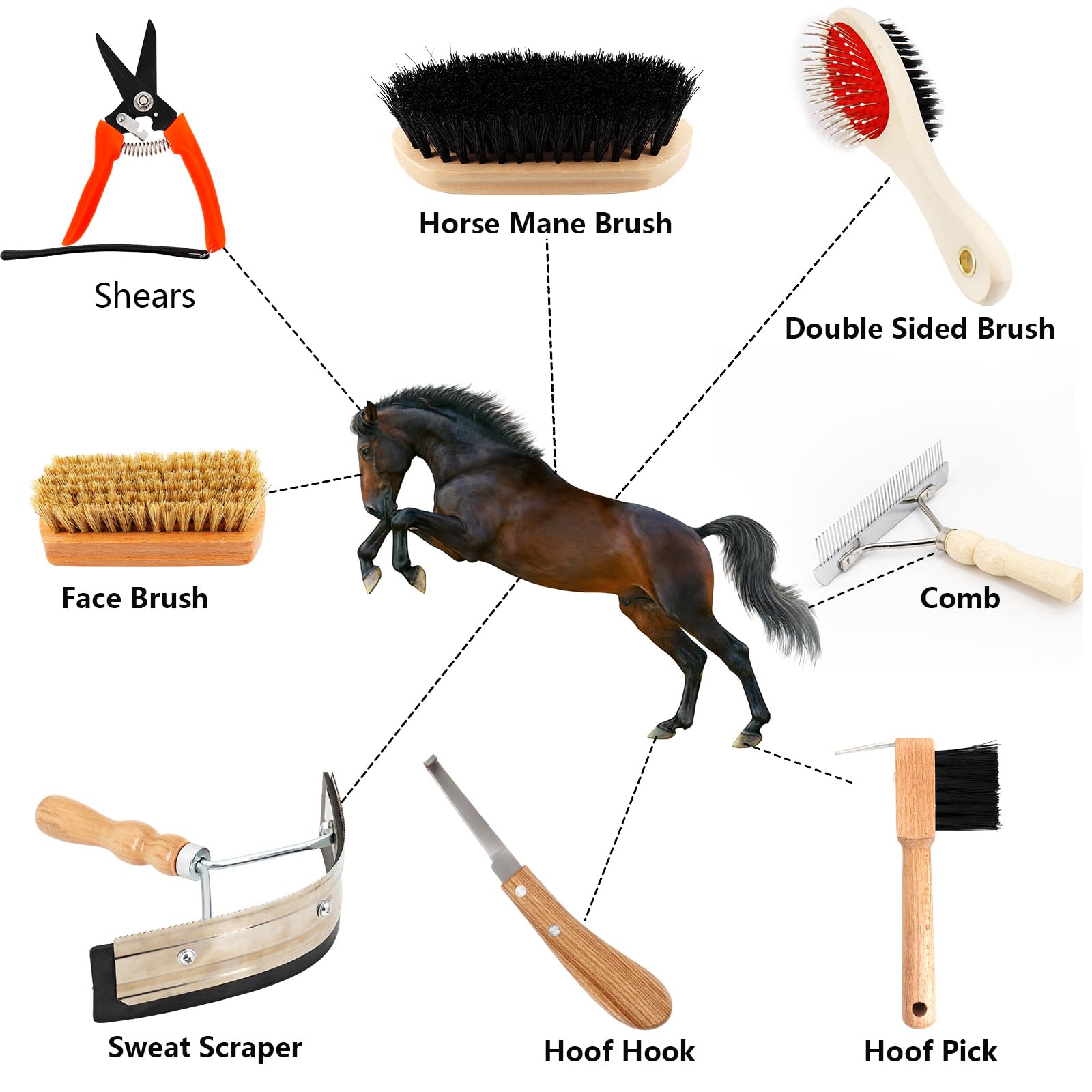 Kit de aseo de caballos, 8 piezas, juego de herramientas de limpieza de caballos, juego de cepillos de caballo, raspador de sudor de caballo, peine de melena con bolsa de almacenamiento