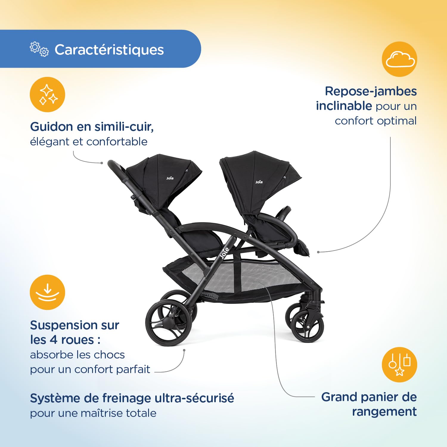 Joie – EVALITE DUO – Poussette Double Légère – Naissance à 15 kg – Pliage Compact 1 Main – Compatible Coque Siège Arrière – Ultra Légère 10,5 kg – Grand Panier – Habillage pluie inclus – Coloris Shale
