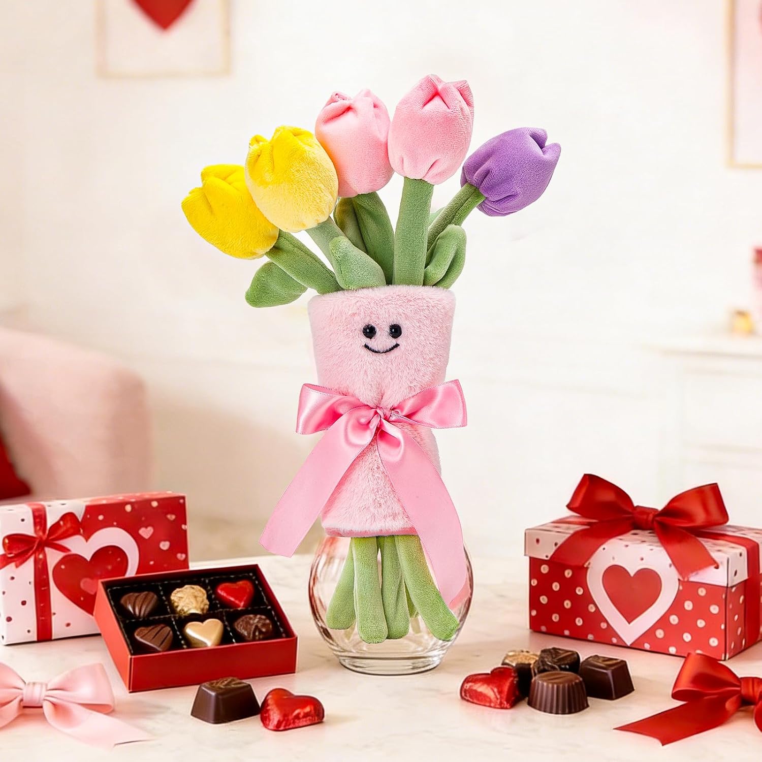 HappySpot Plush Tulip Bouquet, Valentine's Day 11-Inch Soft Stuffed Flower with 5 Plush Tulips, Sweet Gifts for Valentine’s Day Birthday Anniversary Mother’s Day Home Decor