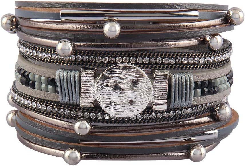 GelConnie Leather Wrap Bracelet Boho Cuff Bracelets Crystal Leather Bracelet Magnetic Multi Strand Bracelets Bohemian Bracelet Leather Wristbands Bangle Jewelry for Women Teen Wife Mother