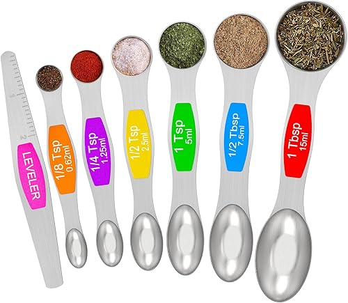 Wildone - Juego de 7 cucharas medidoras magnéticas de acero inoxidable de doble cara, para ingredientes secos y líquidos, incluyendo 6 cucharas de