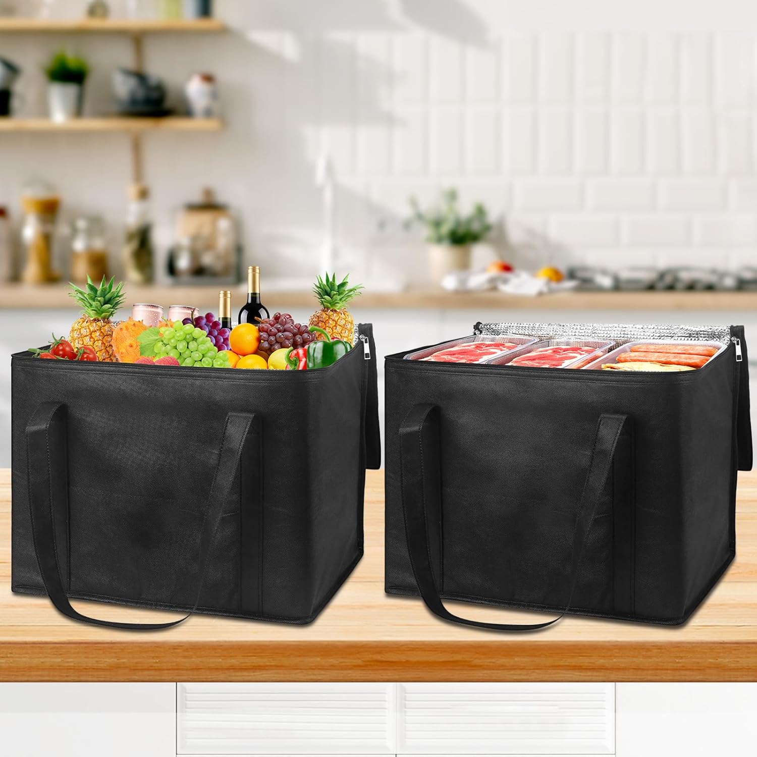 Set of 10 XL-Large Insulated Reusable Grocery Bags with Zipper and Handles, Foldable Washable Heavy Duty Cooler Totes for Hot or Cold Food Delivery, Groceries, Catering, Travel, and Shopping