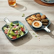 Beyond Homes Ceramic Snack Plates, 9 Inch | Square Dessert Plates with Handle for Baking | Microwave & Dishwasher Safe Mandala Print Serving Platter for Snack, Starters (Light Blue, Set of 2)