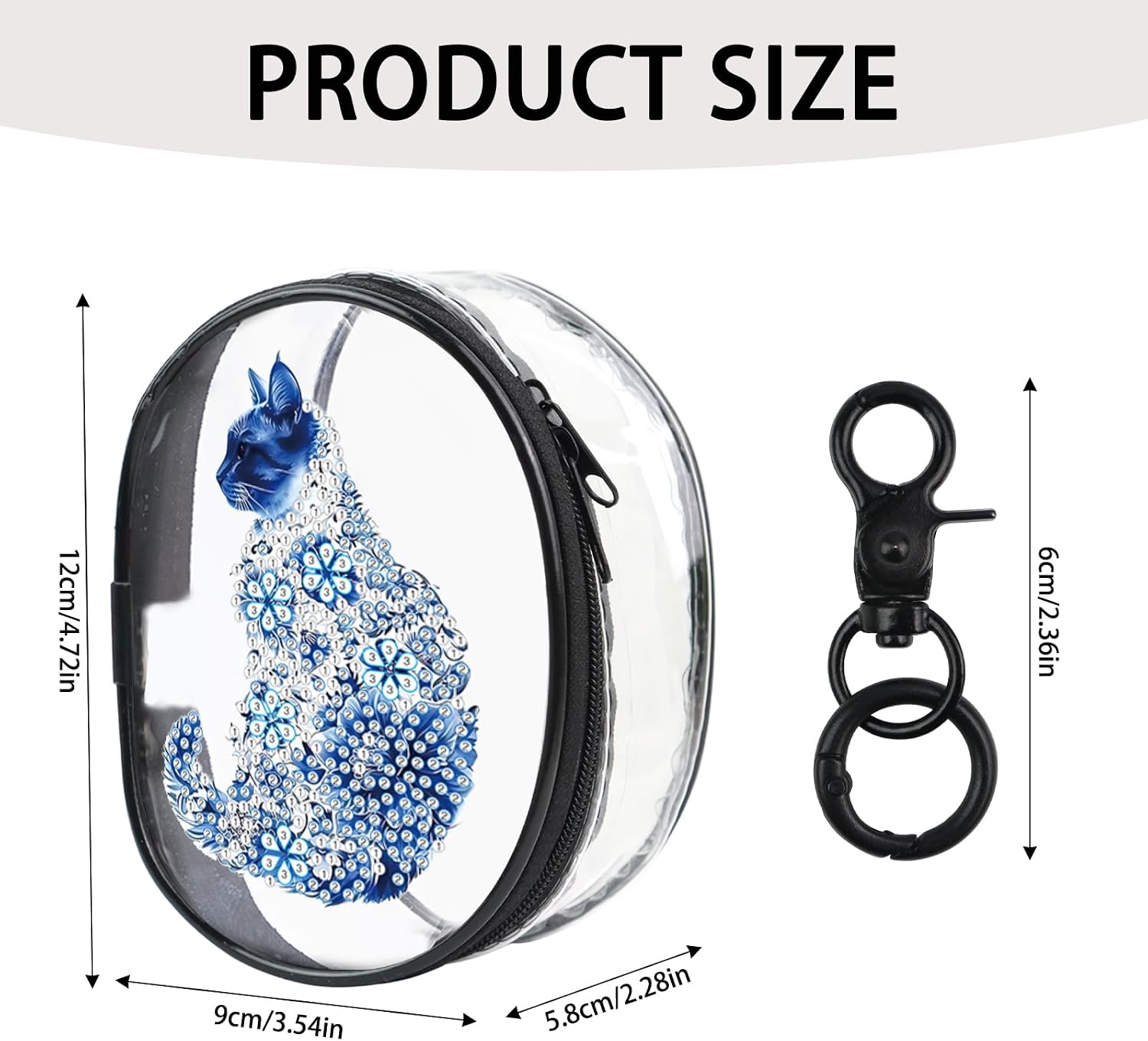 Focart Diamond Art Painting Mini Ita Bag, Blue Cat, Elliptical Keychain Display Pouch Clear Display Box Ita Bag, Double Zipper Design image 2