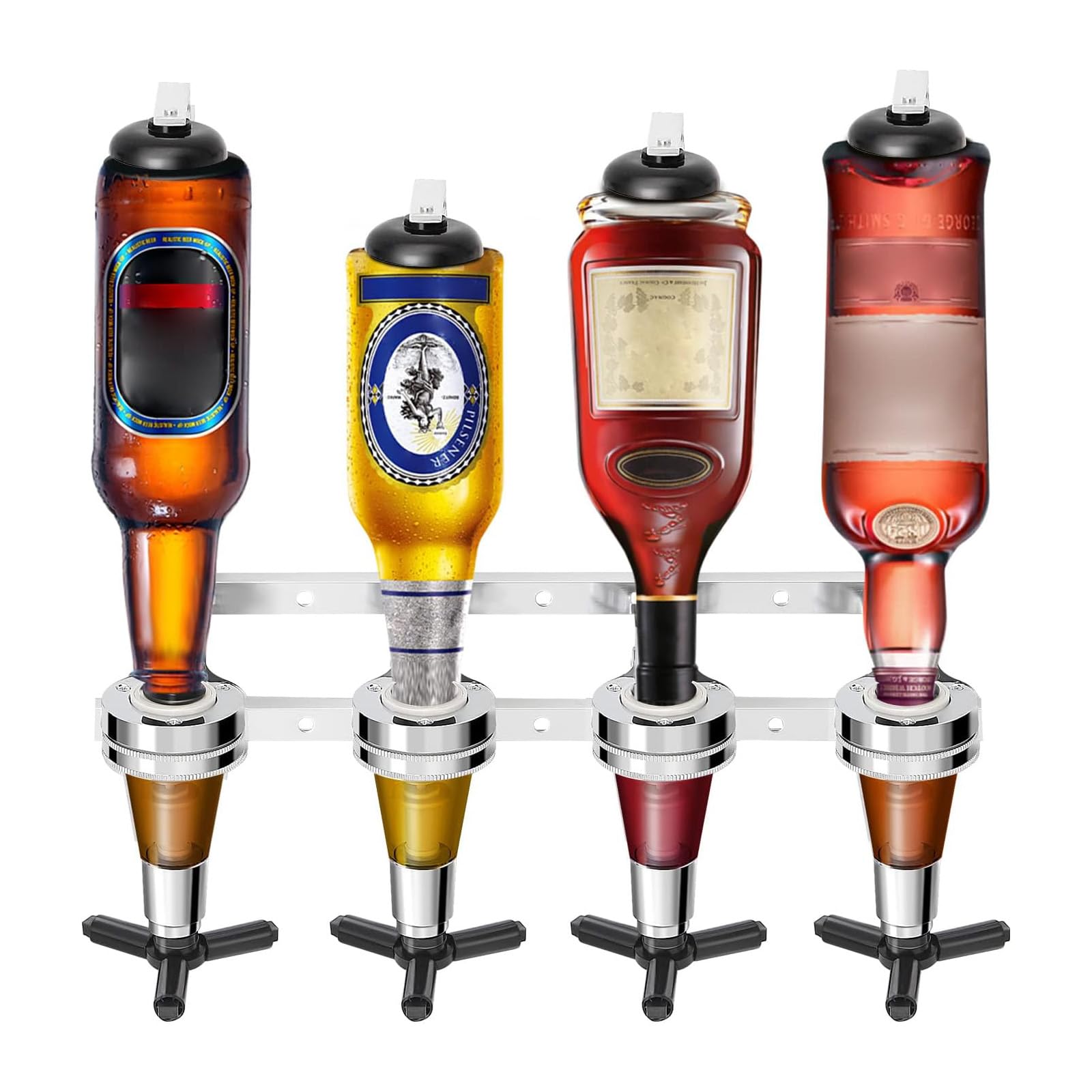 CROWNSHOP 4 Bottle Optics For Home Bar Wall Mounted Bar Butler Drinks Stand Spirits Aluminum Alloy Optic Spirit Barware Set for Home Pub Kitchen Bar