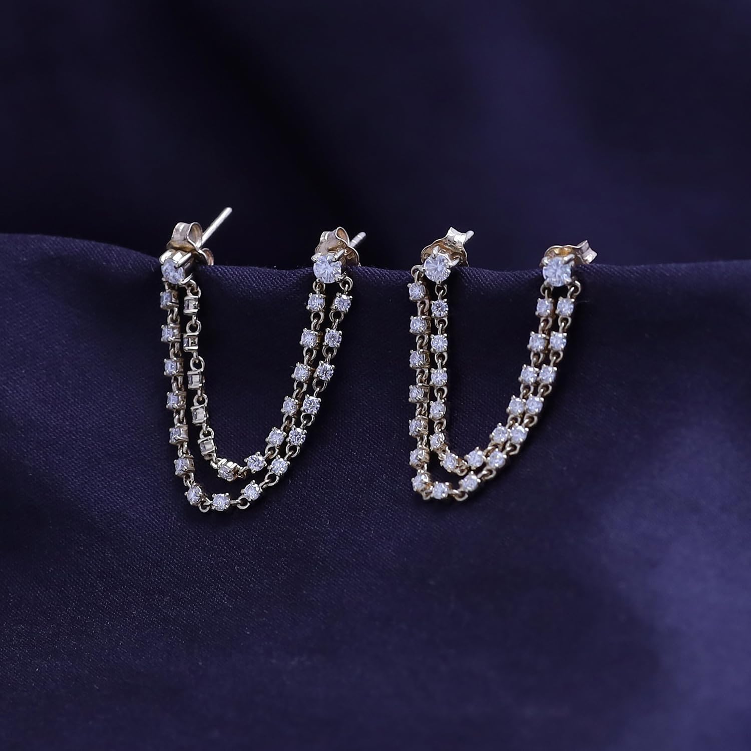 Double Piercing Dangle Chain Studs Earrings, 1.00 Carat (ctw) Moissanite Diamond Drop Earrings In 14k Gold Over Sterling Silver | Earscapes Earrings Gifts for Her