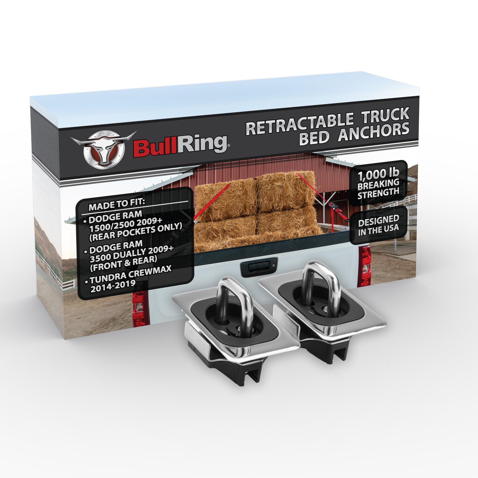 Bull Ring Flush Fit Retractable Truck Bed Tie Down Anchors for 2009+ Dodge RAM 1500, 2500 - (Rear Only) Dually RAM 3500 (Front & Rear) & 2014-19'