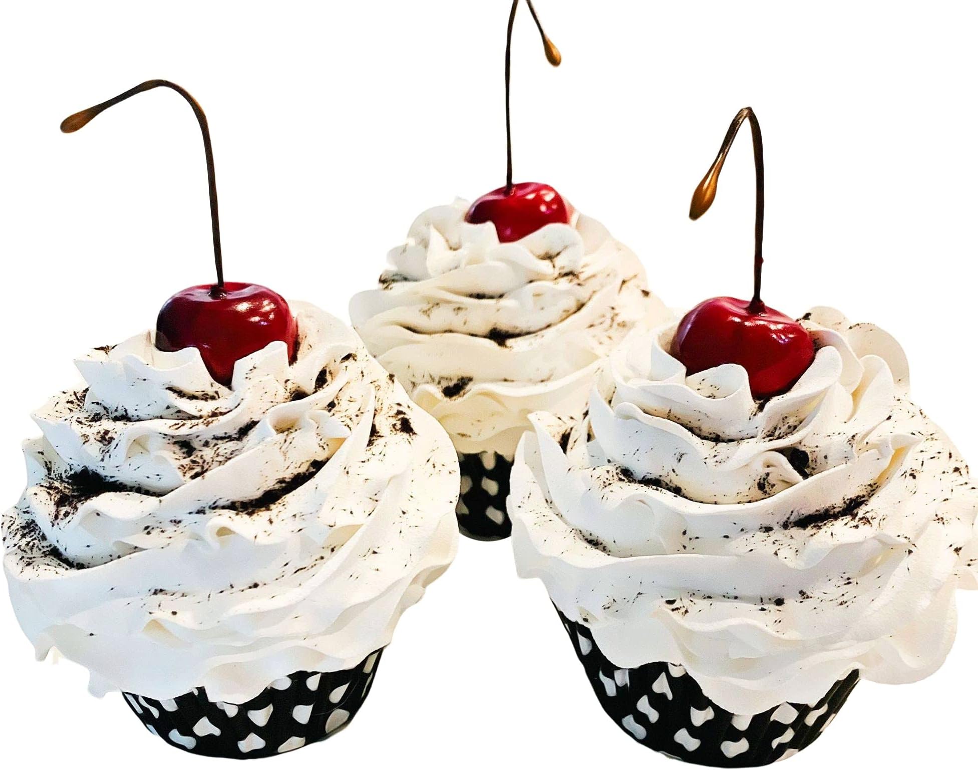 Dezicakes Fake Cupcakes & Cake – Artificial Cakes for Display – Faux Cake Decorations for Home & Kitchen - Cake Plate Fake Food Desserts Cookies & Cream Faux Cupcakes- Set of 3