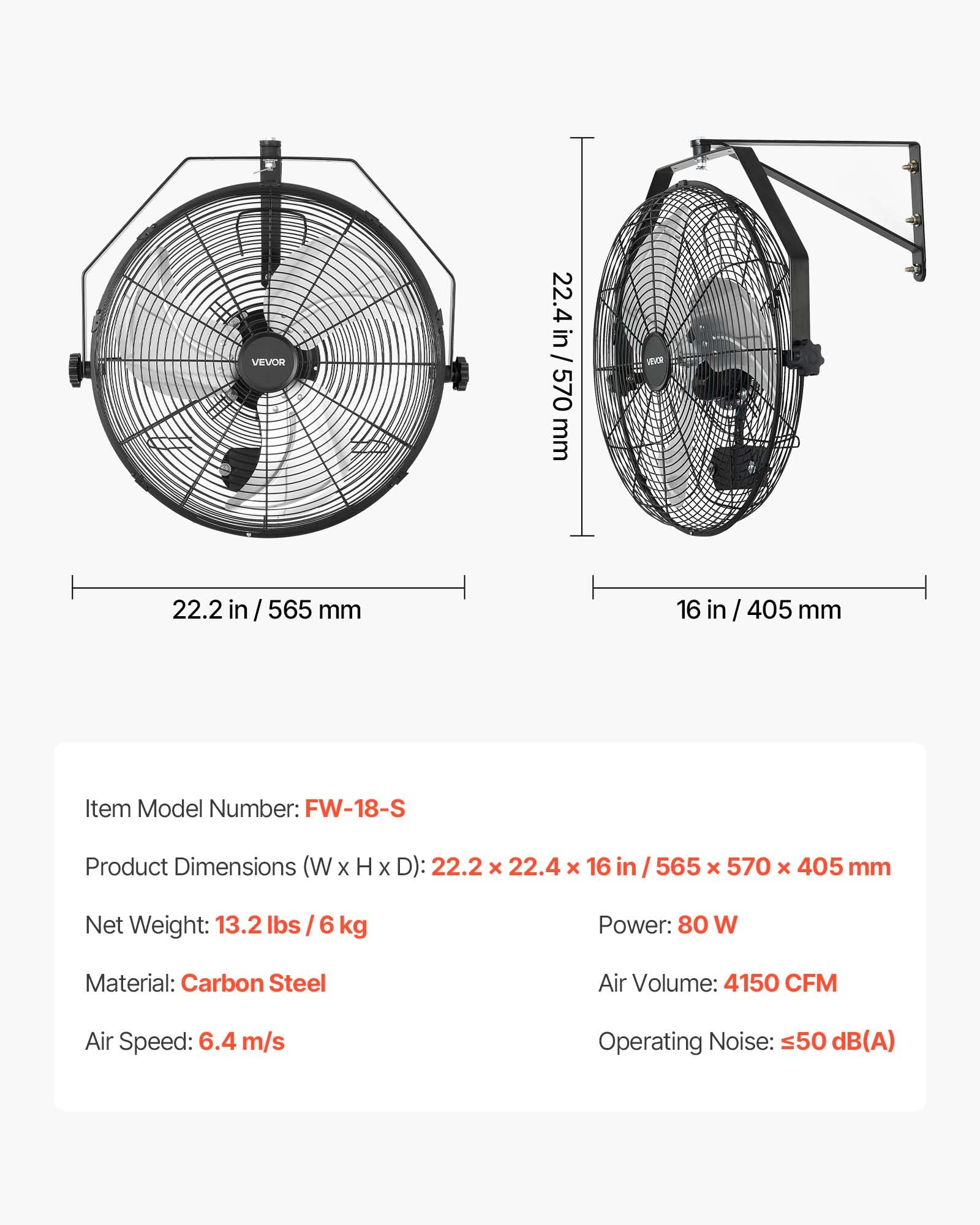 VEVOR Ventilatore da Parete Industriale, 450 mm, Ventilatore a Muro, Non Oscillante, IP44, 3 Velocità, Flusso d'Aria Potente, Angolo Regolabile, per Officine, Garage, Palestre e Ambienti Commerciali