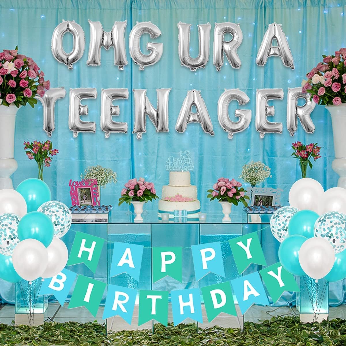 Omg Ur A Teenager Balloon Sash Teenager Birthday Party Decorations 13th Birthday Decorations for Girls Teal Blue Sweet 13 Happy Birthday Banner Cake Topper Foil Tinsel Curtain