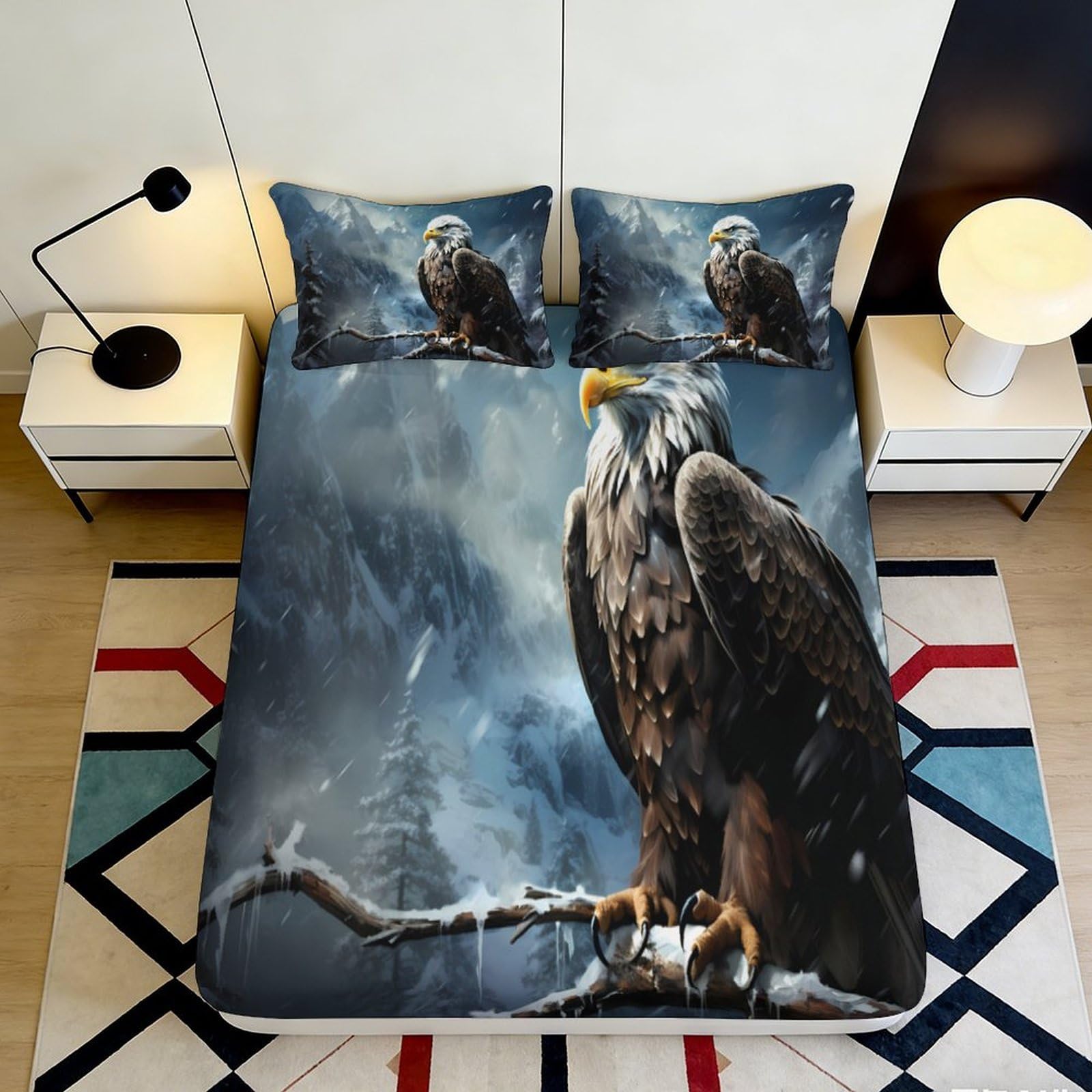 3D Printed Eagle Forest Fitted Sheet Microfiber Soft Breathable Mountain Bed Cover for Bedroom Guest Room Decor 90x200x25cm