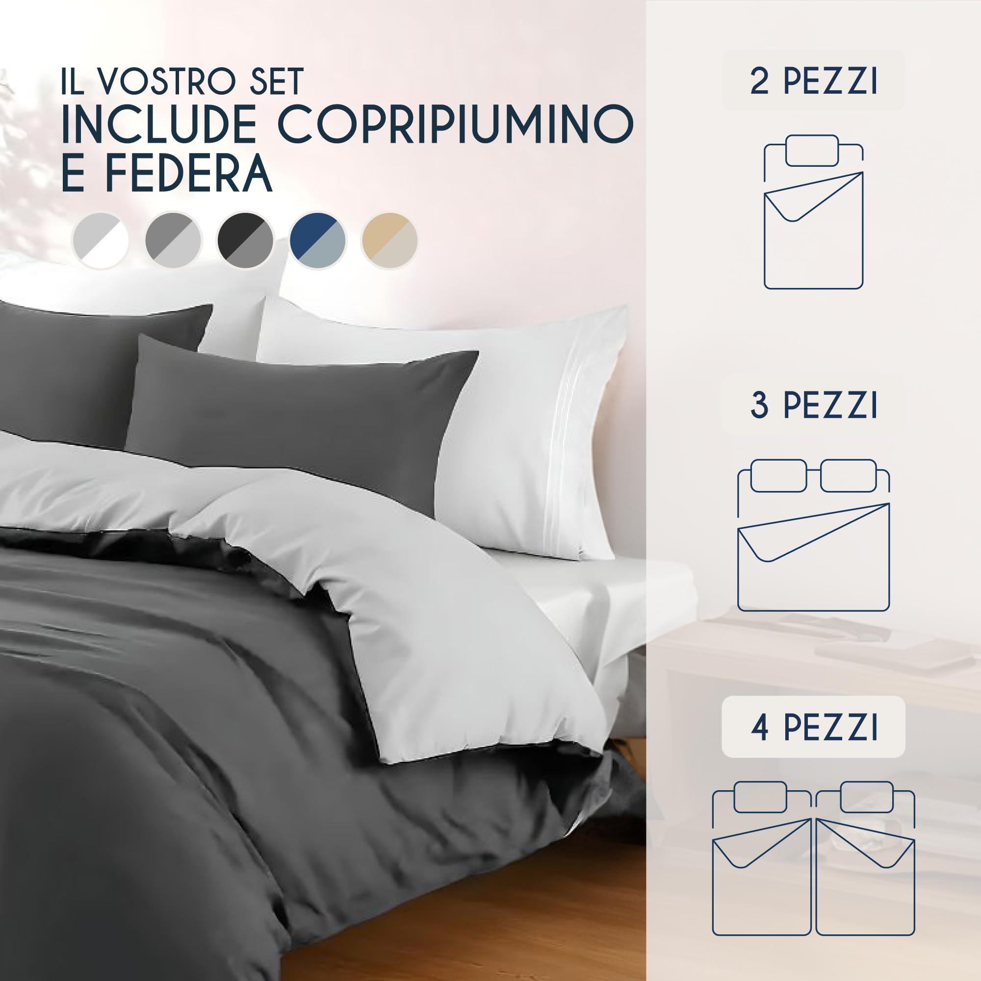 Dreamzie Copripiumino Matrimoniale 200x200 cm con 2 Federe 50x70 cm - Grigio Scuro/Grigio Chiaro Set Copripiumino Matrimoniale 200x200