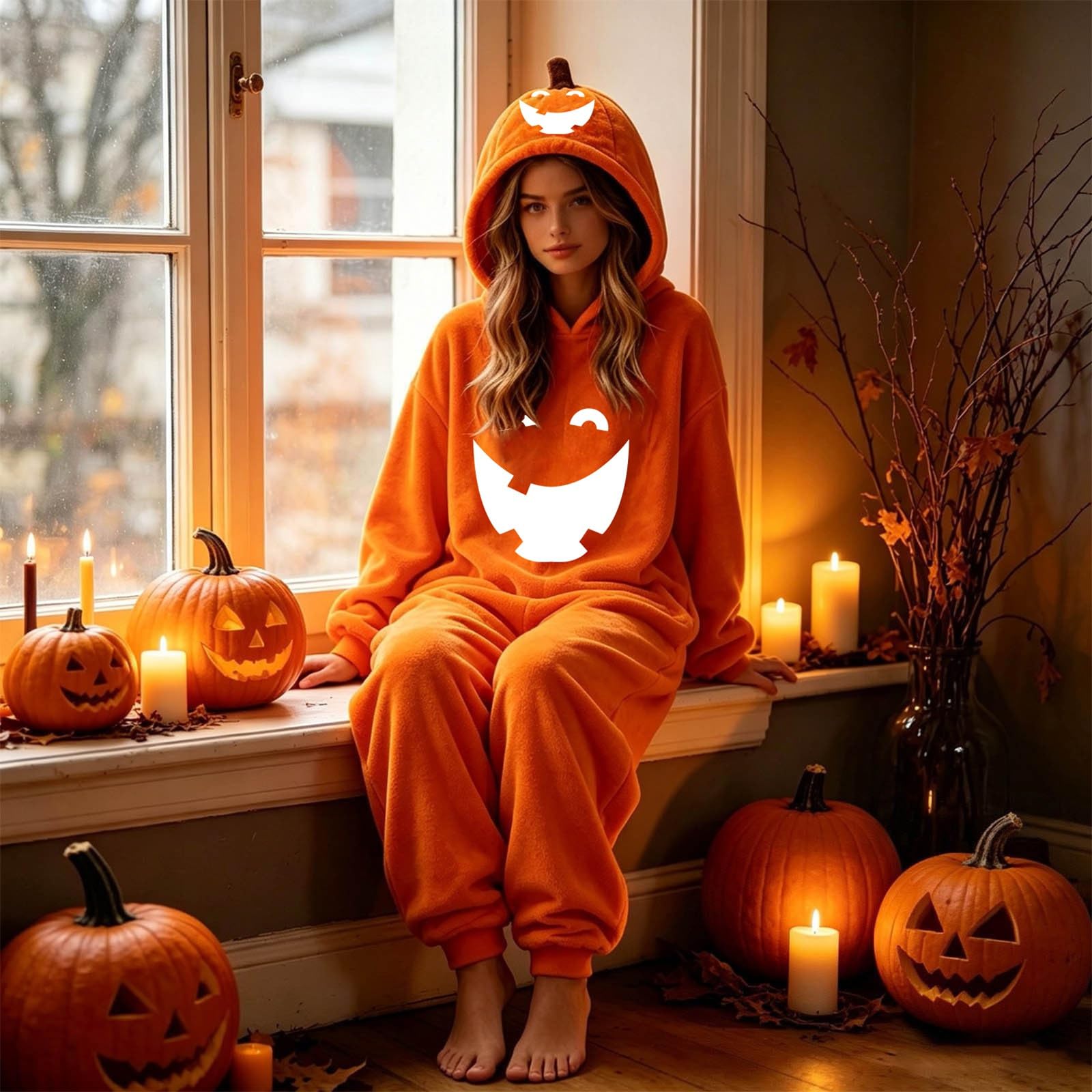 Tuta Halloween Adulto Pigiama Zucca Intero con Cappuccio Flanella Materiale Flanella Morbida, Tuta Halloween Adulto, Pigiama Zucca Caldo per Casa e Relax