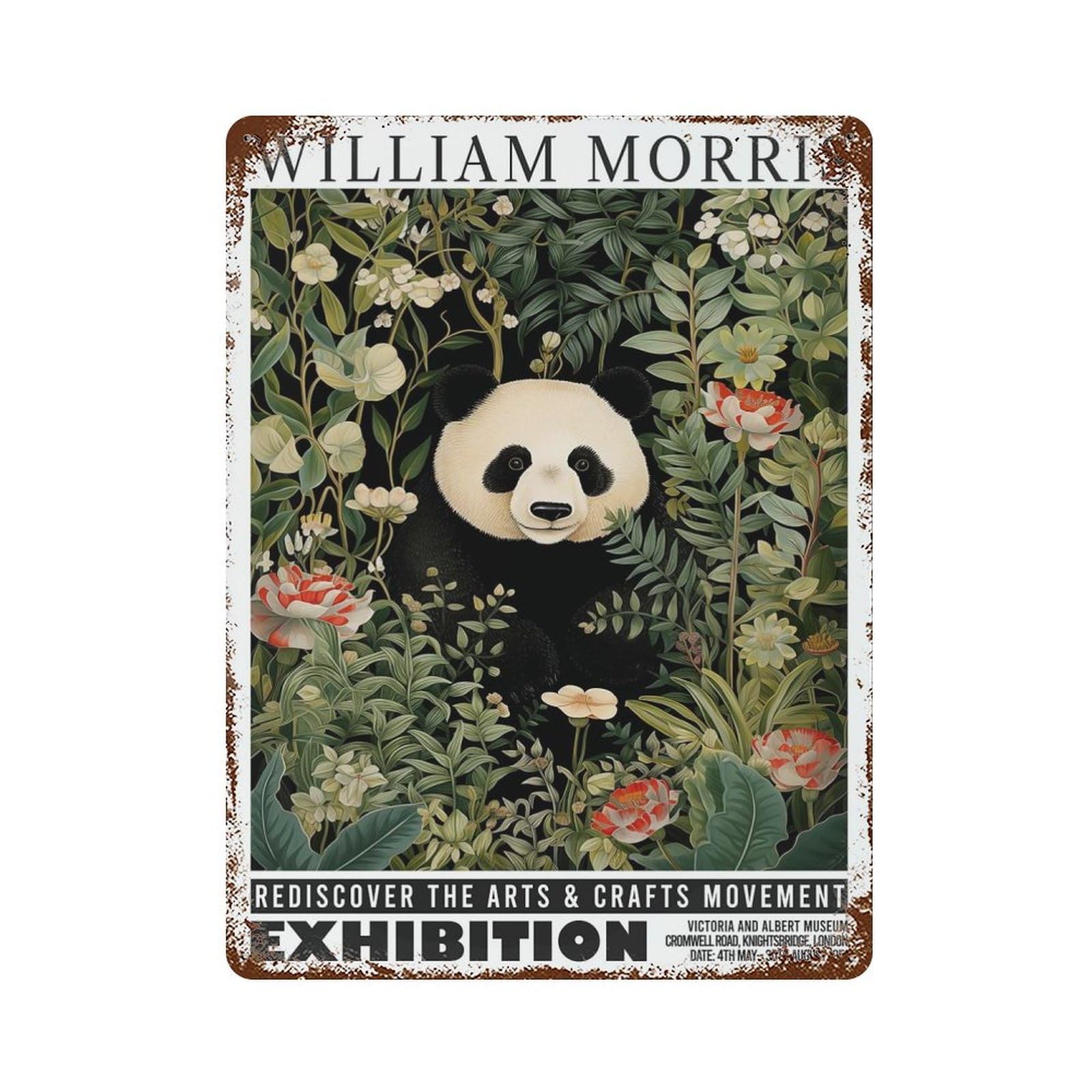 Vintage Rust Metal Sign William Morris Panda Floral Exhibition 15.7"x11.8", Old School Wall Decor for Garage, Bar And Workshop Decor