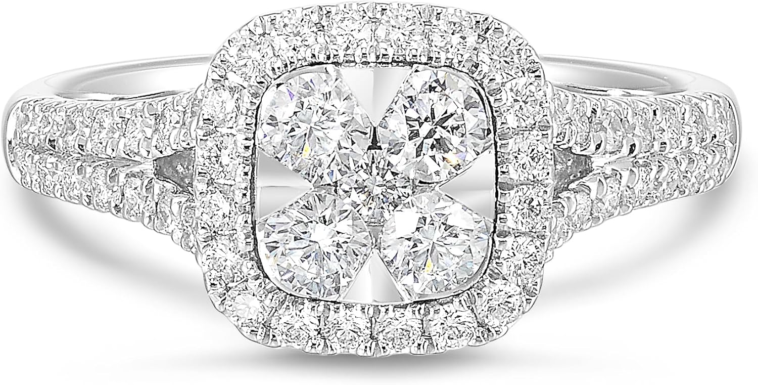 Diamond Delight 0.85 Carat Real Natural Diamond Cushion Halo Ring for Women - 14k White Gold Engagement Ring for Her - Stunning Halo Cluster (H, VS1, 0.85 cttw) Promise Anniversary Band Size 5 to 8