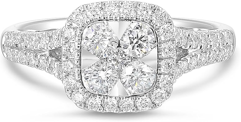 Diamond Delight 0.85 Carat Real Natural Diamond Cushion Halo Ring for Women - 14k White Gold Engagement Ring for Her - Stunning Halo Cluster H, VS1, 0.85 cttw Promise Anniversary Band Size 5 to 8
