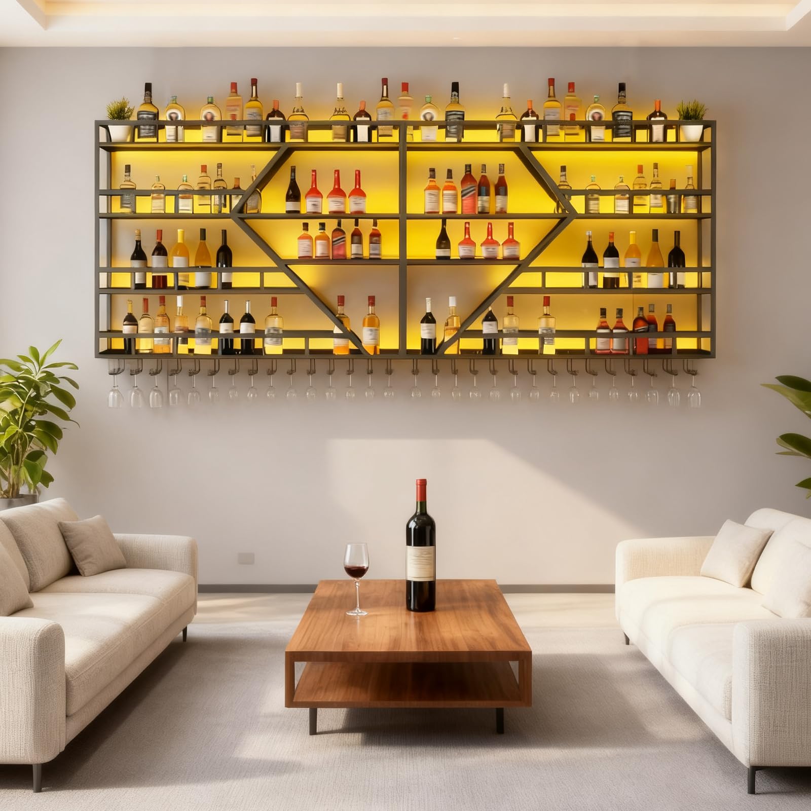 Portabottiglie da Parete, 3 livelli multifunzione Espositore Portabottiglie per Vino con Guardrail, Porta bottiglie di vino da parete con supporto in vetro (nero, 3 Tier,200cm)