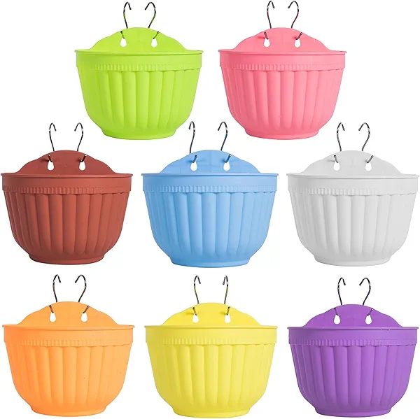 ORIMERC 8 Pack Colorful Wall Hanging Planters for Indoor Outdoor Plants, Wall Hanging Plant Holder with Drainage Hole, Balcony planters Railing Hanging Pot, Plant Wall Mount Decor with Hooks/Screws
