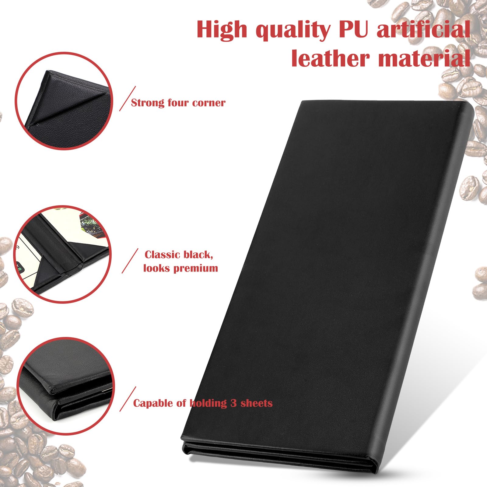 12-Pack Black PU Leather Menu Covers - Waterproof, 4-Panel Fold, Angled Corners, 4.25x11" Insert Size For Restaurants & Cafes