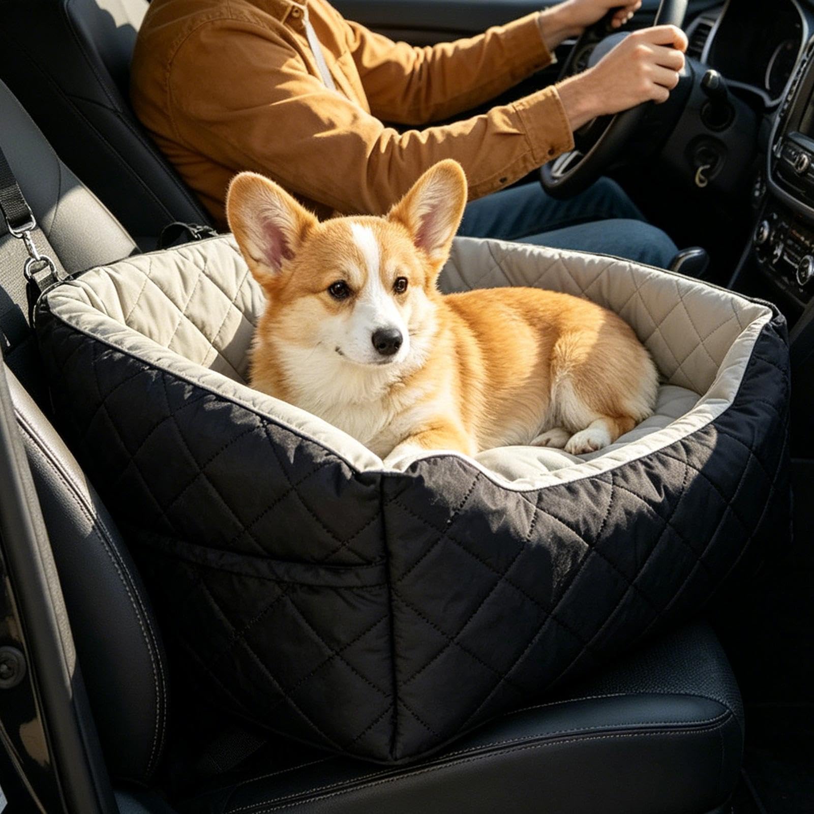 Asiento de Coche para Perro con Bolsillo para Cinturón y Base | Asiento Elevador Cama Coche para Perros Para Cachorros y Gatos Pequeños y Medianos en SUV y