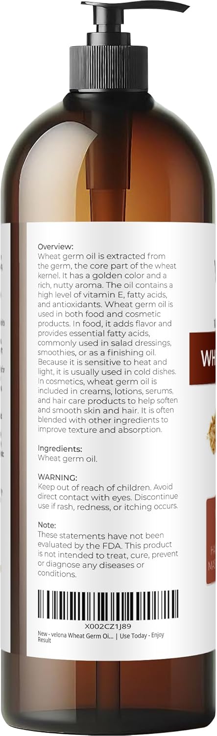 Wheat Germ Oil USP Grade by Velona - 32 fl oz | 100% Pure and Natural Carrier Oil | Unrefined, Cold Pressed | Cooking, Face, Hair, Body & Skin Care | Use Today - Enjoy Result - Image 3