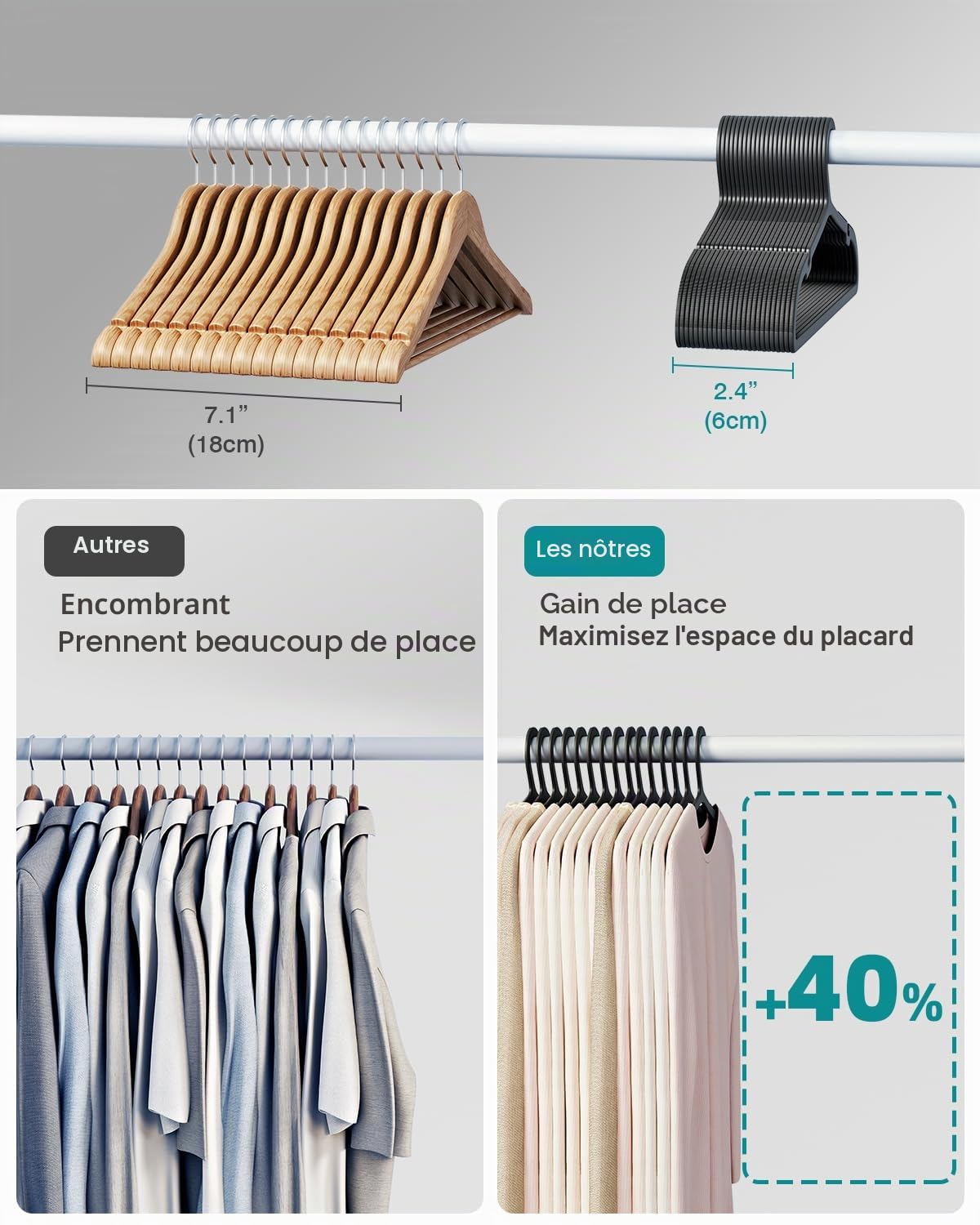 ABHENG APY0580B - Lot de 80 cintres en plastique antidérapants avec ouverture en forme de U - Pour manteaux, robes, chemises - 41,7 x 0,4 x 21 cm - Noir