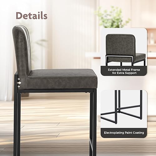 Miniatura 6 de ALPHA HOME Juego de 2 taburetes de bar de 24 pulgadas con altura de mostrador, taburetes de bar modernos de piel sintética con respaldo tapizado,