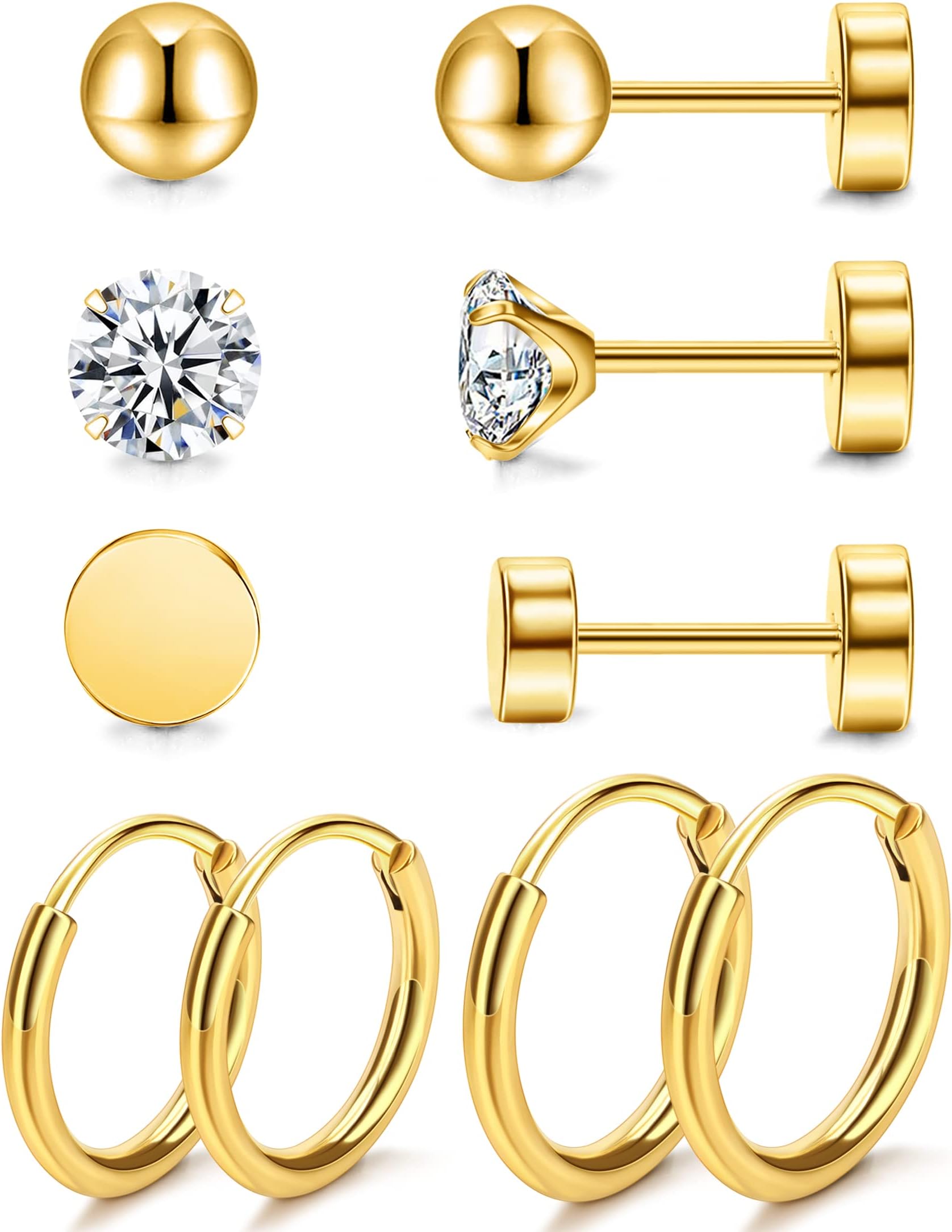Staligue 5 Pairs Titanium Earrings - Dot Ball Cubic Zirconia 20 Gauge Pure Titanium Stud Hoop Earrings Set - Flat Back for Women