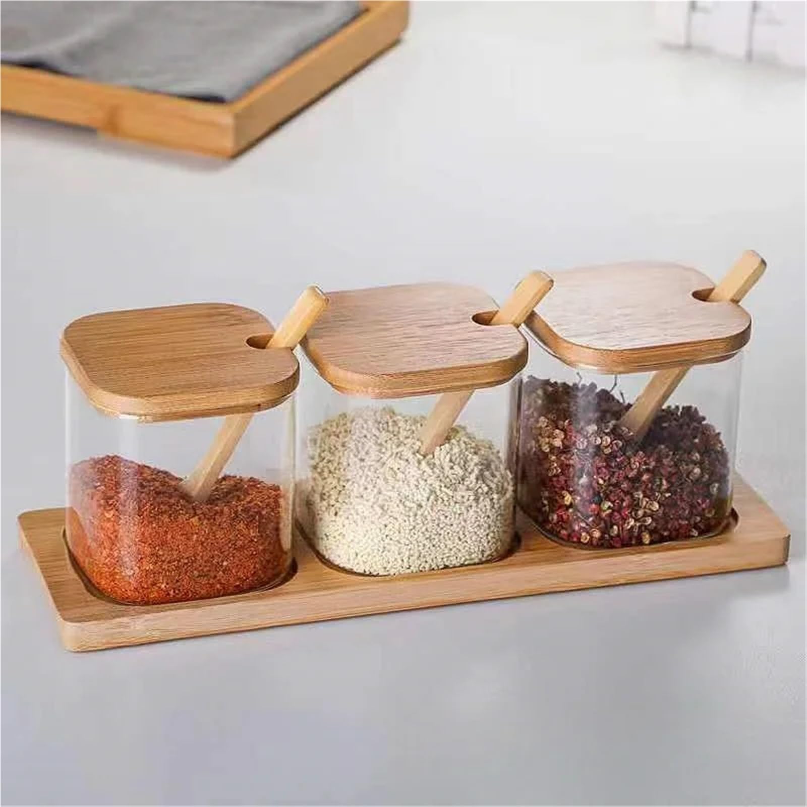 Set da 3 barattoli di vetro for condimenti con coperchio, cucchiaio e vassoio portaoggetti, sale, zucchero, spezie, contenitore for alimenti, organizer cucina per Cucina