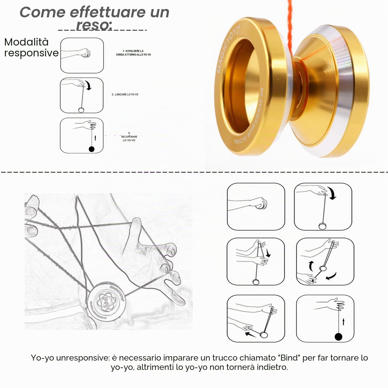 MAGICYOYO N8 Yoyos Pro Yoyo Responsivo e Unresponsivo Yo-yo per Bambini, Adolescenti e Adulti, Principianti a Avanzati, Yo Yo in Metallo con Ruota Libera+12 Corde per Yo-yos+Borsa+ Rimuovi, Dorato