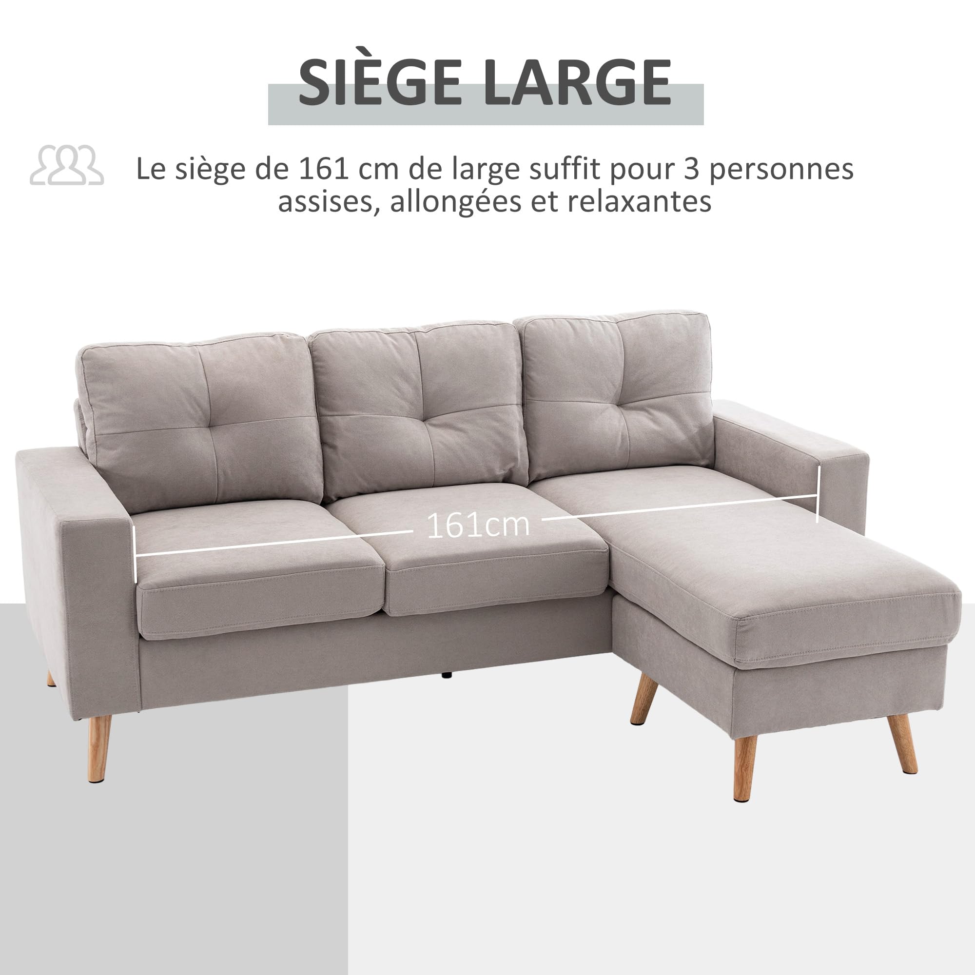 HOMCOM Canapé d'angle en Tissu de Lin, canapé 3 Places, Chaise Longue Reversible Gauche ou Droite, 193 cm, Design scandinave, pour Salon, Appartement, Petit Espace, Pieds en Bois Massif, Gris Clair