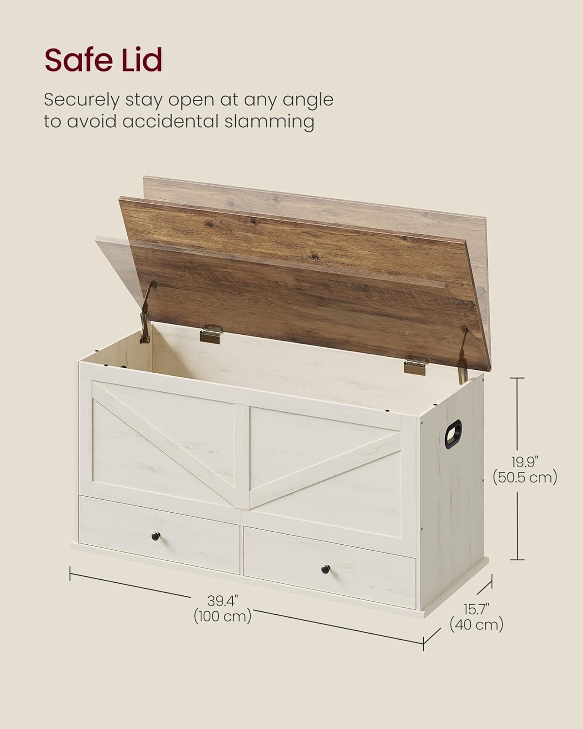 VASAGLE Storage Chest, Storage Bench with 2 Fabric Drawers, Farmhouse Style, for Entryway, Bedroom, Living Room, 15.7 x 39.4 x 19.9 Inches, Rustic White and Honey Brown ULSB043W02