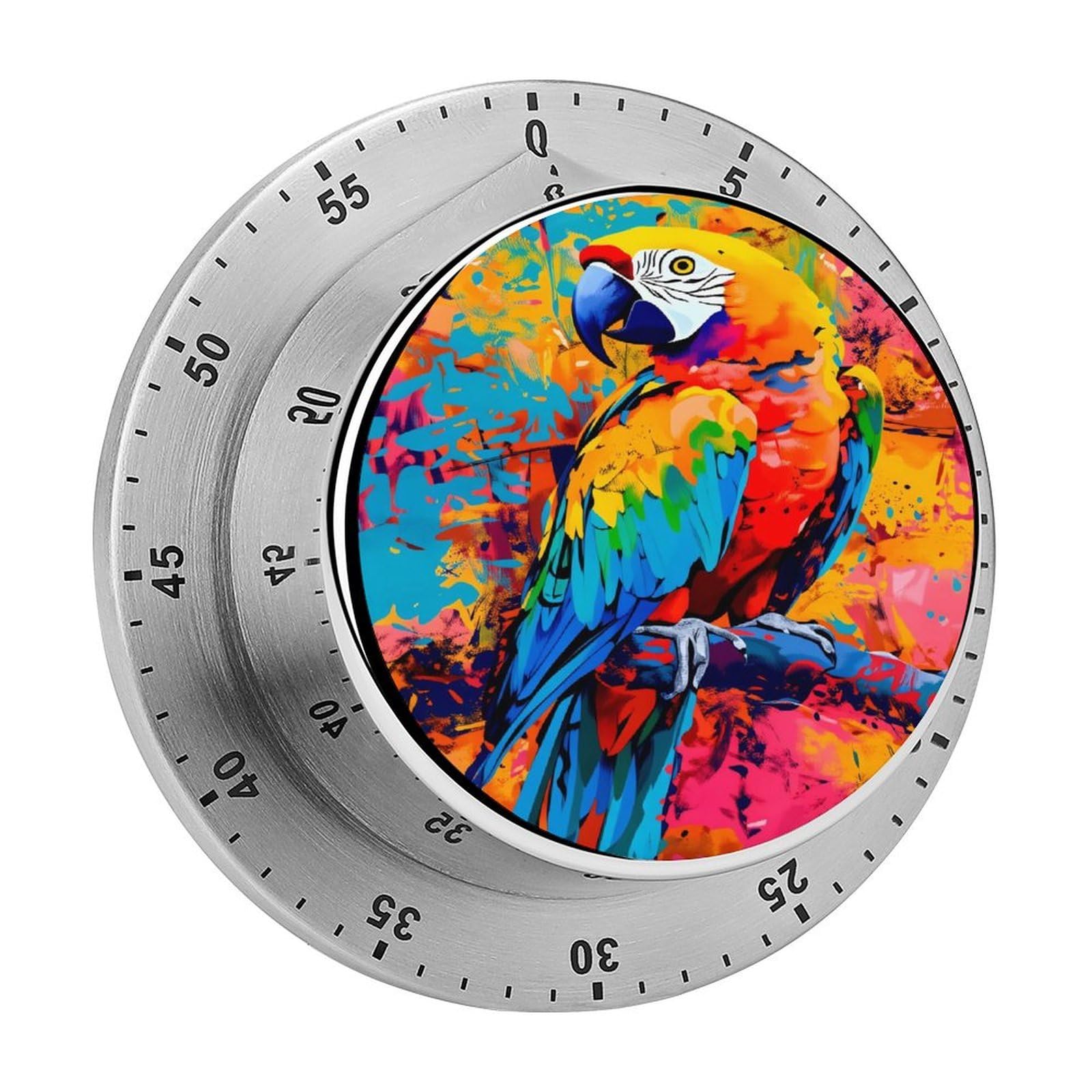 Graffiti Parrot Colorful Birds 60 Minute Wind Up Timer,Visual Mechanical Magnetic Timer with Loud Alarm for Kitchen